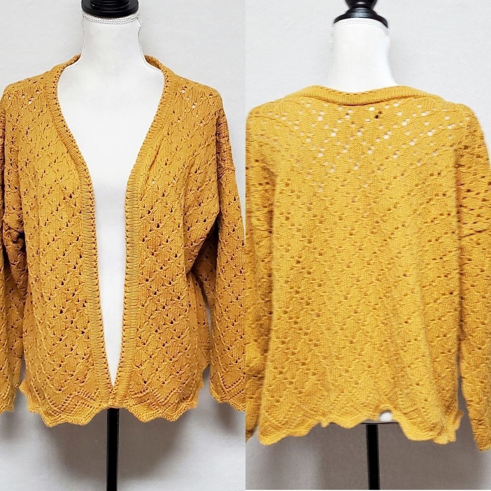 VINTAGE 1990s Hot Cotton Mustard Yellow Open Weave Scalloped Open Front Cardigan